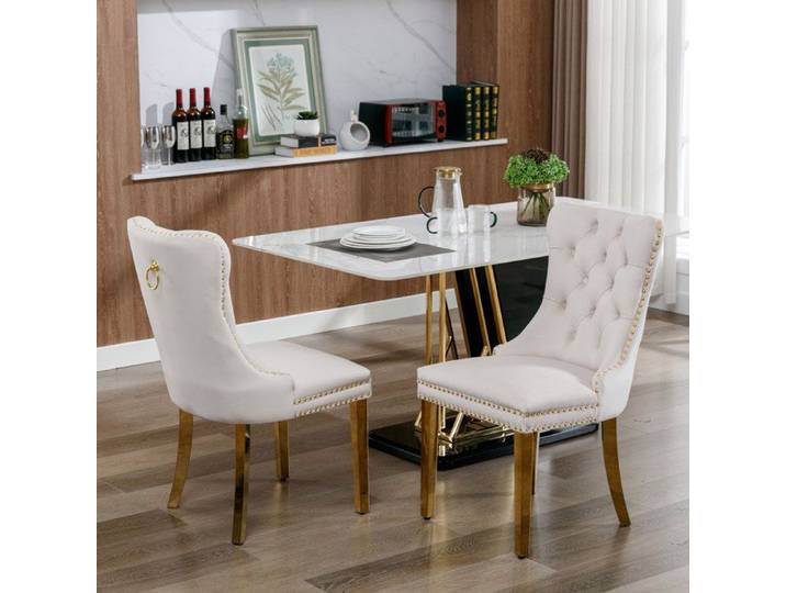 URTR - Lot de 2 chaises à manger velours capitonné - Collection Nikki rivets pieds bois finition dorée beige