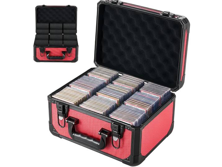 Boîte de rangement pour cartes VEVOR\, modèle pour 96 cartes PSA-Slab\, boîte de collection rouge\, adaptée pour 76 cartes SGC\, 68 cartes BGS\, 347 cartes dans des pochettes de protection (toploaders) ou plus de 999 cartes non protégées\, avec 3 rangées\, une poignée de transport\, 12 compartiments séparés et une clé