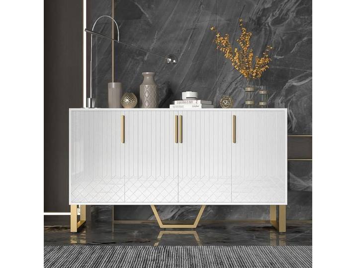Buffet - NALOOKAMIC - 140x40x80cm - 4 Portes - Blanc Brillant - Design Géométrique