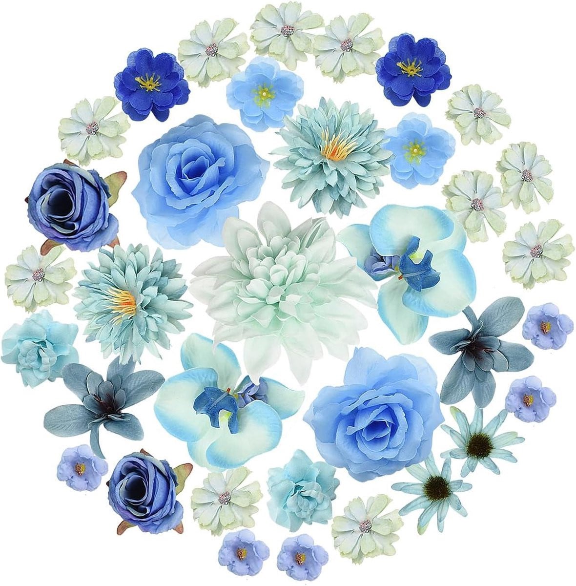 Set van 35 blauwe kunstbloemen met zijdetextuur voor decoratie