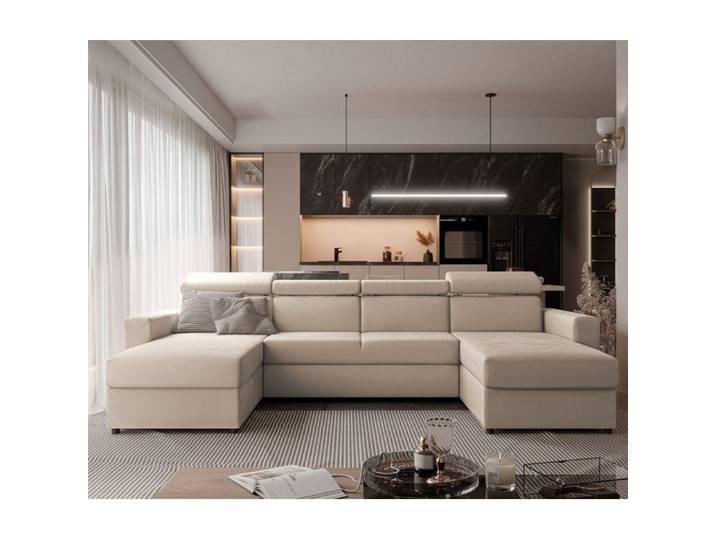 Canapé Panoramique BENI II - 6 places - Convertible avec Tétières - Tissu Velours Beige