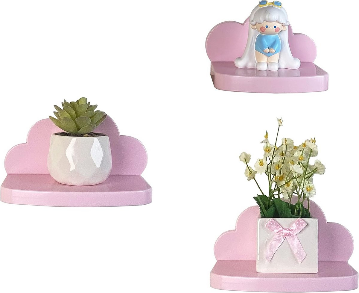 Set van 3 zwevende wandplanken voor decoratie en opslag, roze