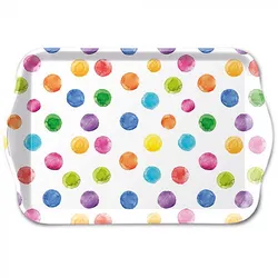 Ambiente Tablett Melamin 21x13cm mit Punkte Motiv - kleines Serviertablett Frühstückstablett Tischdeko Kinder Geburtstag Party Dekotablett gepunktet Weiß Bunt
