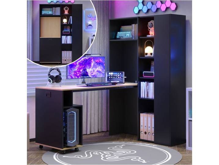 Bureau secrétaire pliant 2 en 1 avec étagères intégrées prise EU USB anti-basculement MDF angle droit ORVRYN