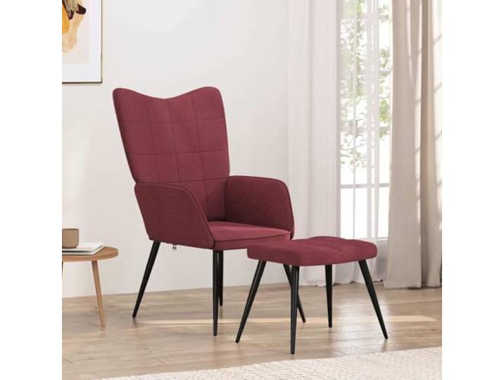 WHOPBXGAD Stoff Stahlrahmen Modern Quadrat Weinrot Relaxsessel mit Hocker Weinrot Stoff, moderner Sessel mit Stahlrahmen und Holzbeinen, bequem gepolstert, ideal für Wohnzimmer