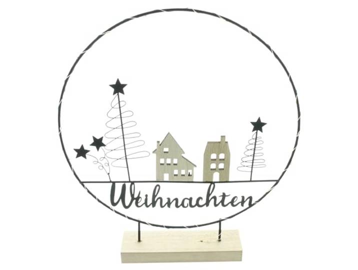 FRANK FLECHTWAREN LED-Ringdeko Weihnachten – Metall Mattschwarz & Holz – Ø 30 cm, GH 34 cm, 22 LEDs – Batteriebetrieben – Edle Weihnachtsbeleuchtung Innen