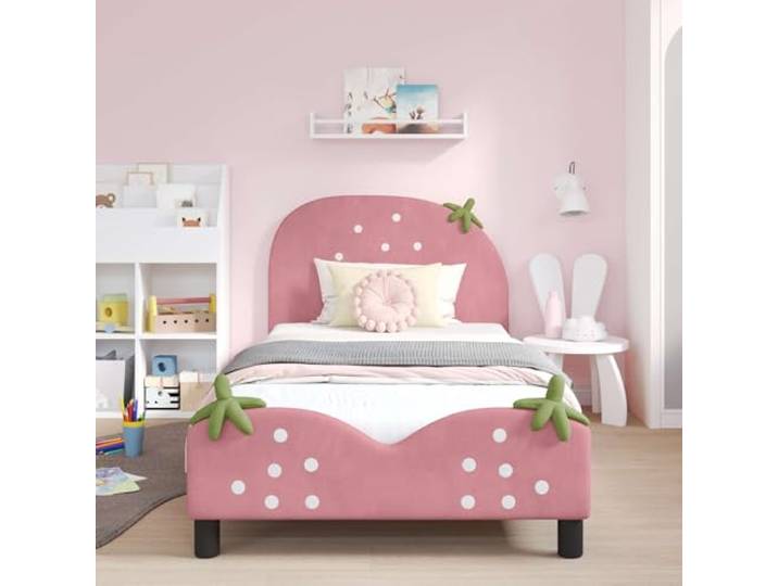 KTHLBRH Bett Rosa 90 x 190 cm mit Kopfteil Samt Technisches Holz, Beine aus Kunststoff, Lattenrost, einfache Montage