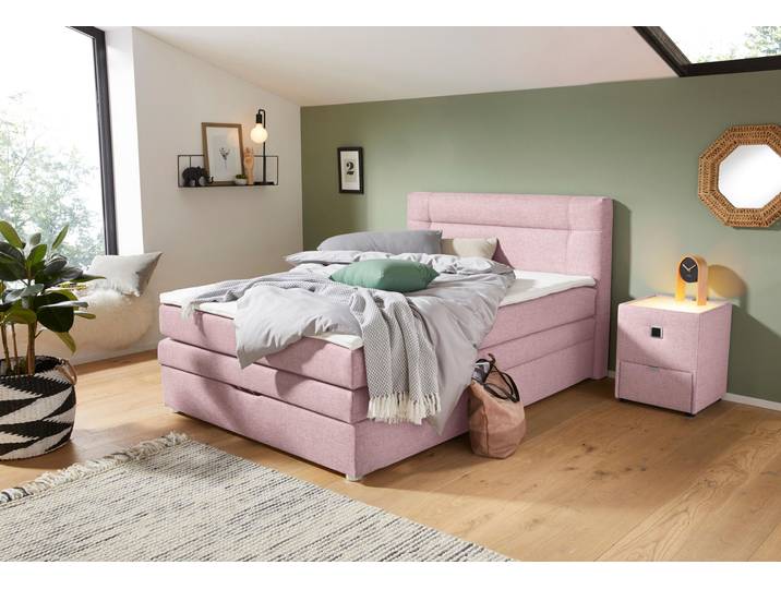 Boxspringbett, Altrosa, 154x217 cm, Strukturstoff, Mit Bettkasten & Topper, Modern, Jockenhöfer