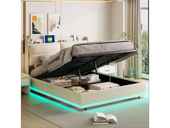 litcoffre 160 200 coffre lit 160 x 200 avec sommier lit adulte lit double lumière LED réglable et chargement USB velours beige