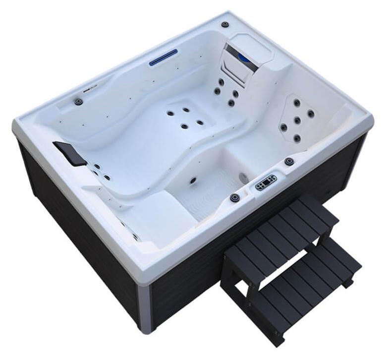 HOME DELUXE - Outdoor Whirlpool - STREAM PLUS Treppe und Thermoabdeckung - Maße: 211 x 157 x 75 cm - Inkl. Heizung, 24 Massagedüsen und 4 äußeren Lichtquellen I Außen Whirlpool Spa für 3 Personen