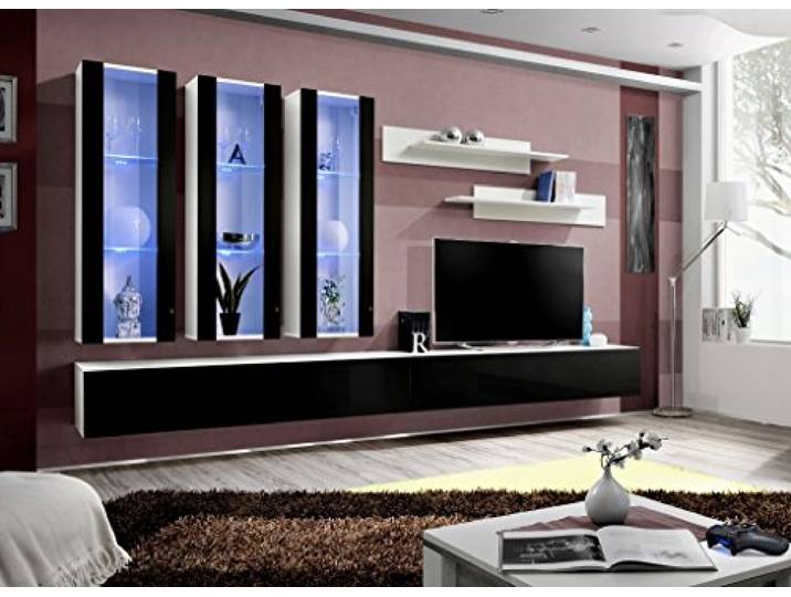 All4All Wohnwand Inge - Schrankwand Hängend - Anbauwand - Wohnzimmerschrank - Wohnzimmer - Wandschrank - Modern - Weiß Matt/Schwarz Hochglanz 21