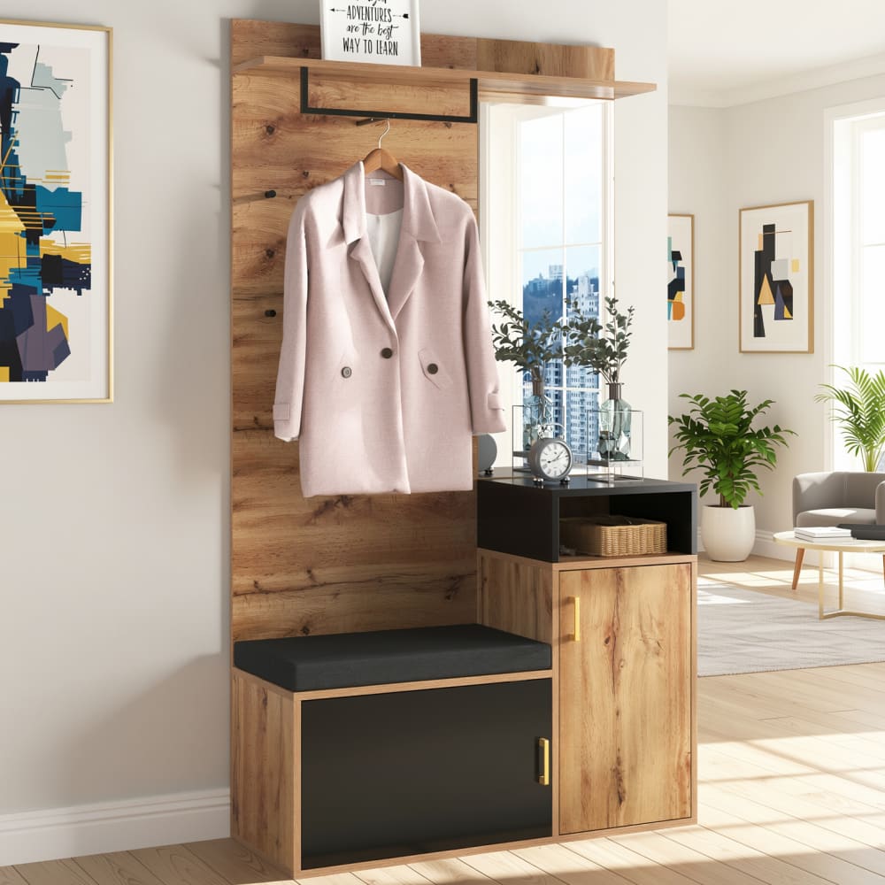 Urban Meuble Vestiaire à l'entrée avec miroir, banc et meuble à chaussures Beige 104x190x39cm