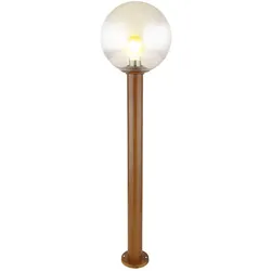 Außenleuchte Stehlampe Gartenleuchte Standleuchte braun Terrassenlampe Wegeleuchte, Aluminium Glas Holzoptik, Kugel, 1xE27, DxH 25x100 cm