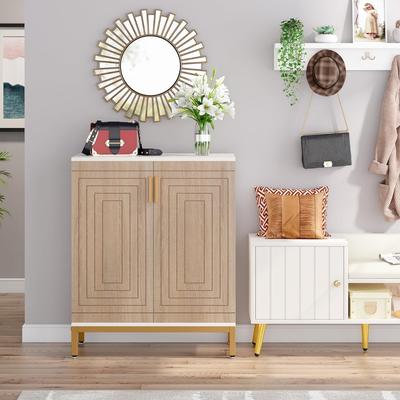 Jiallo "31"" White & Natural Wooden Shoe Cabinet, 5 Tiers"