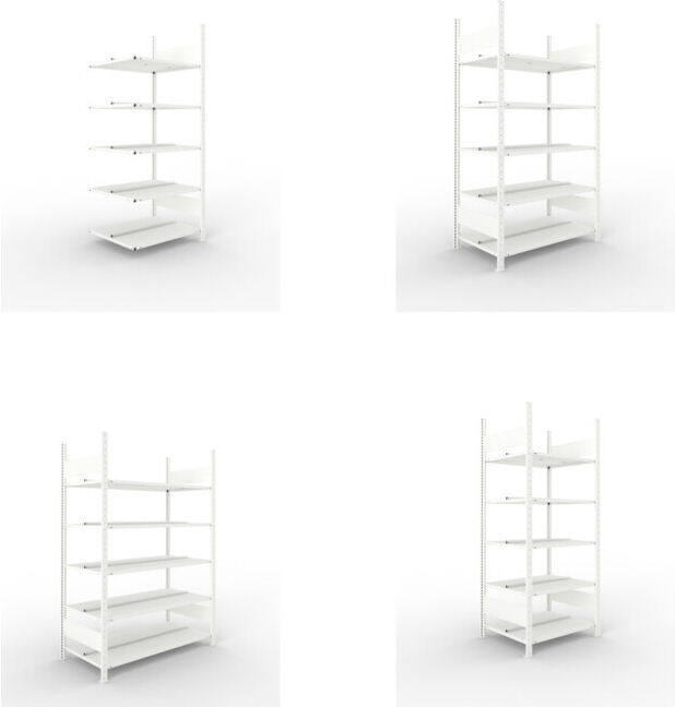 Meta Set Büro-Anbauregal COMPACT doppelseitig, 1850x750x600 mm mit 5 Böden + Büroregal COMPACT doppelseitig, 1850x1000x600 mm mit 5 Böden + Büroregal COMPACT doppelseitig, 1850x1250x600 mm mit 5 Böden + Büroregal COMPACT doppelseitig, 1850x750x600 mm mit 