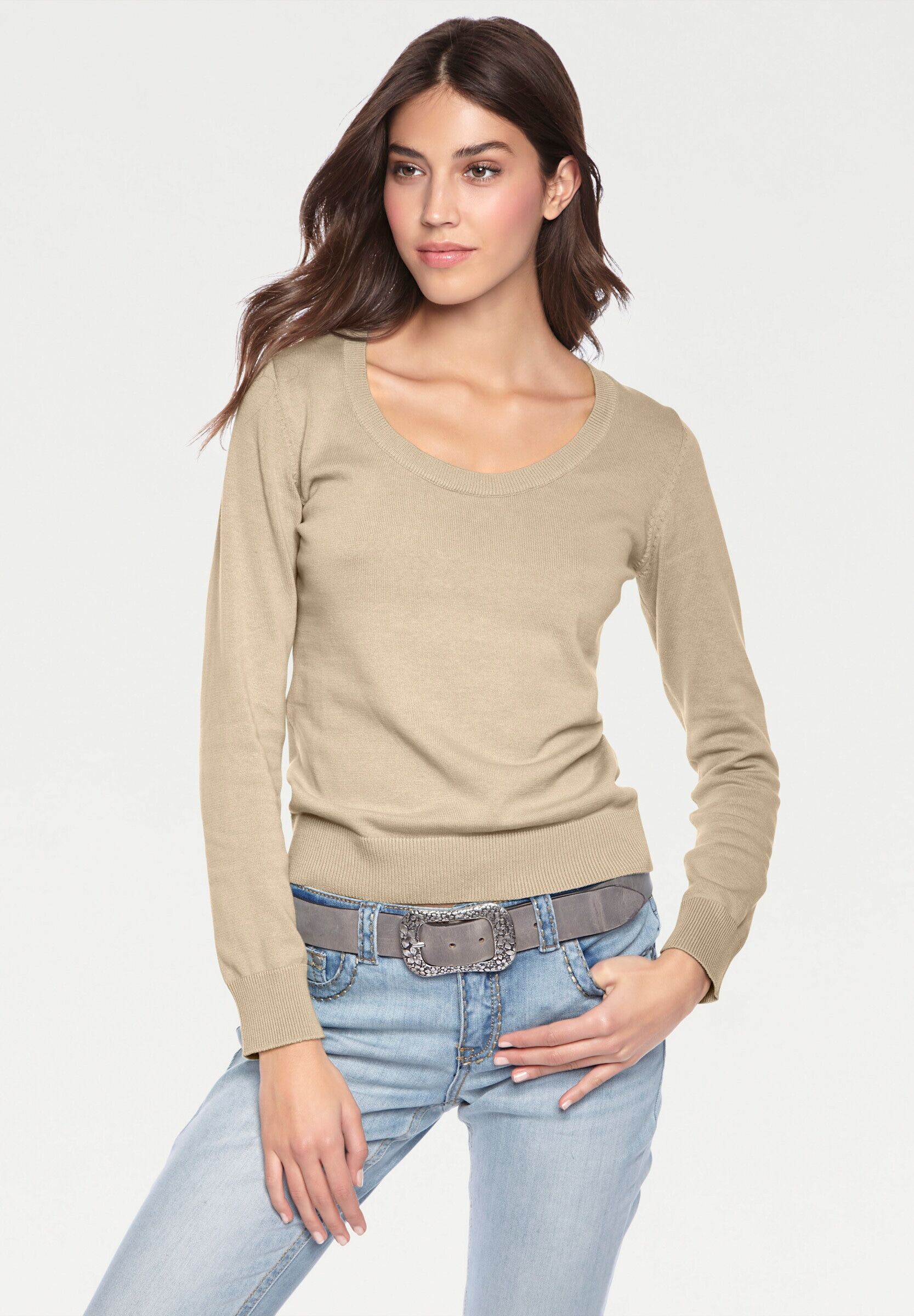Strickpullover HEINE "Rundhals-Pullover Rundhalspullover aus Feinstrick", Damen, Gr. 40, beige, Modisch, Rundhals, Pullover Strickpullover