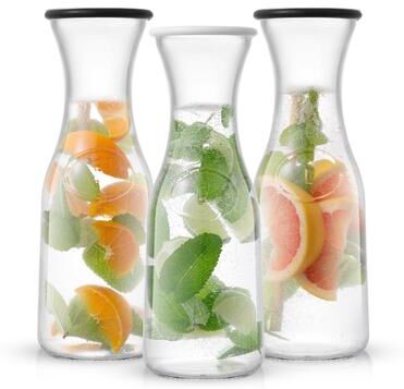 JoyJolt "Hali Glass Carafe Bottle Pitcher with 6 Lids - 35 oz - Set of 3 - 3.5"" x 3.5"" x 10.87"""