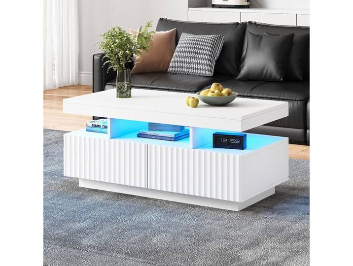 Table basse - PAGE LIVING - 100x50x45 cm - 2 tiroirs - Bande LED pilotable via appli - Blanc