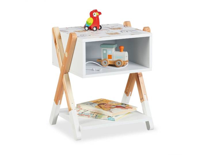 Nachttisch für Kinder offenes Fach Design B Weiss-Hellbraun