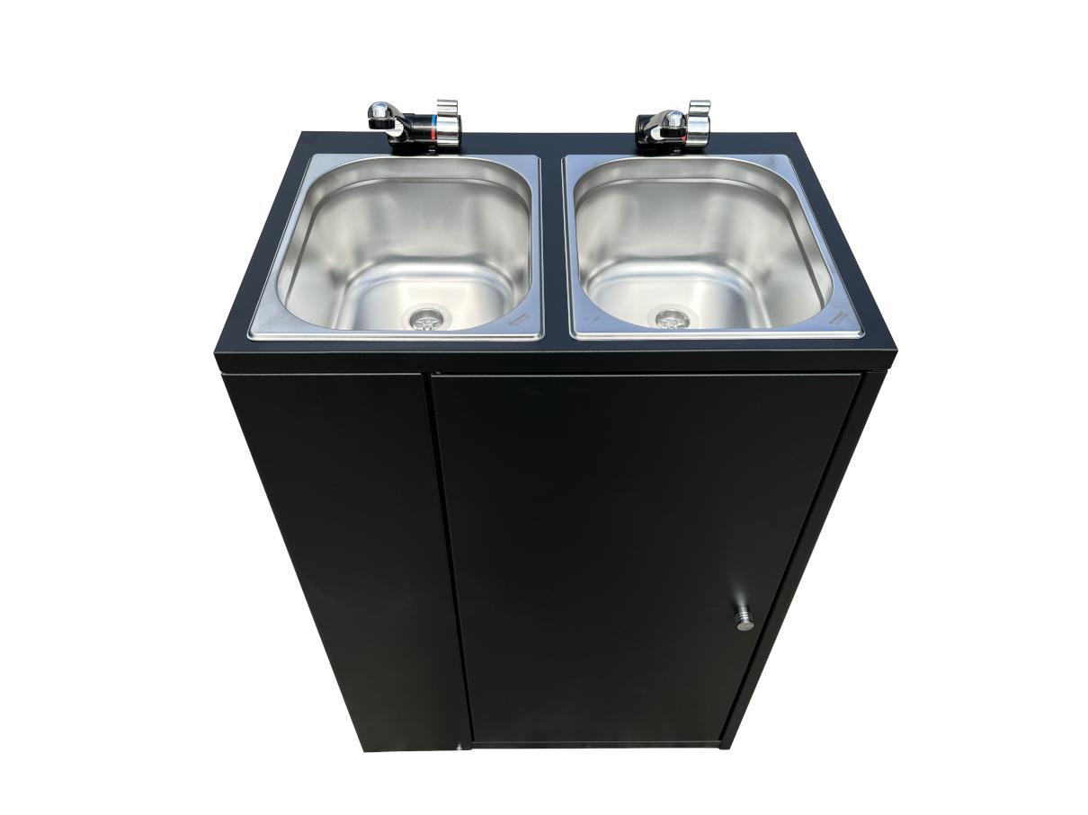Mobiles Doppelwaschbecken mit Durchlauferhitzer 50°C | Autark ohne Wasseranschluss | 2 Becken Spüle mit Frisch- & Abwassertank | Gastro Kosmetik Werks