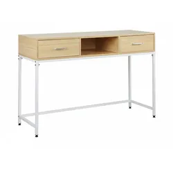 Relaxdays Konsolentisch, HBT 80x120x40 cm, Ablagetisch 2 Schubladen, Flur & Wohnzimmer, Skandi, Metall & MDF, Weiß/Natur