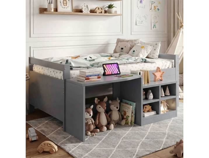 Lit Combiné Enfant 90x200cm - Bureau Intégré - Prise EU & USB - Rangements Multiples - Pin Massif Gris
