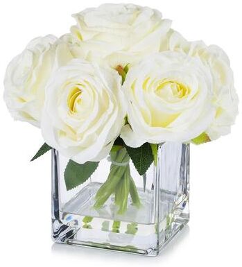 Enova Home 7 Stems Large Artificial Silk Roses Fake Flowers Arrangement in Cube Glass Vase for Home Office Wedding Decoration