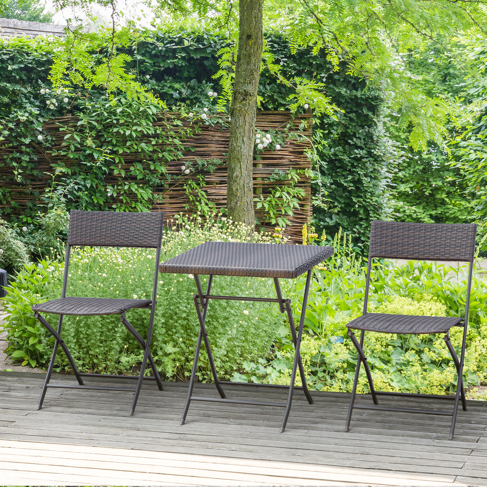 Outsunny Mobili da Giardino in Rattan Set 1 Tavolino e 2 Sedie da Giardino Pieghevoli 3pz Nero Aosom
