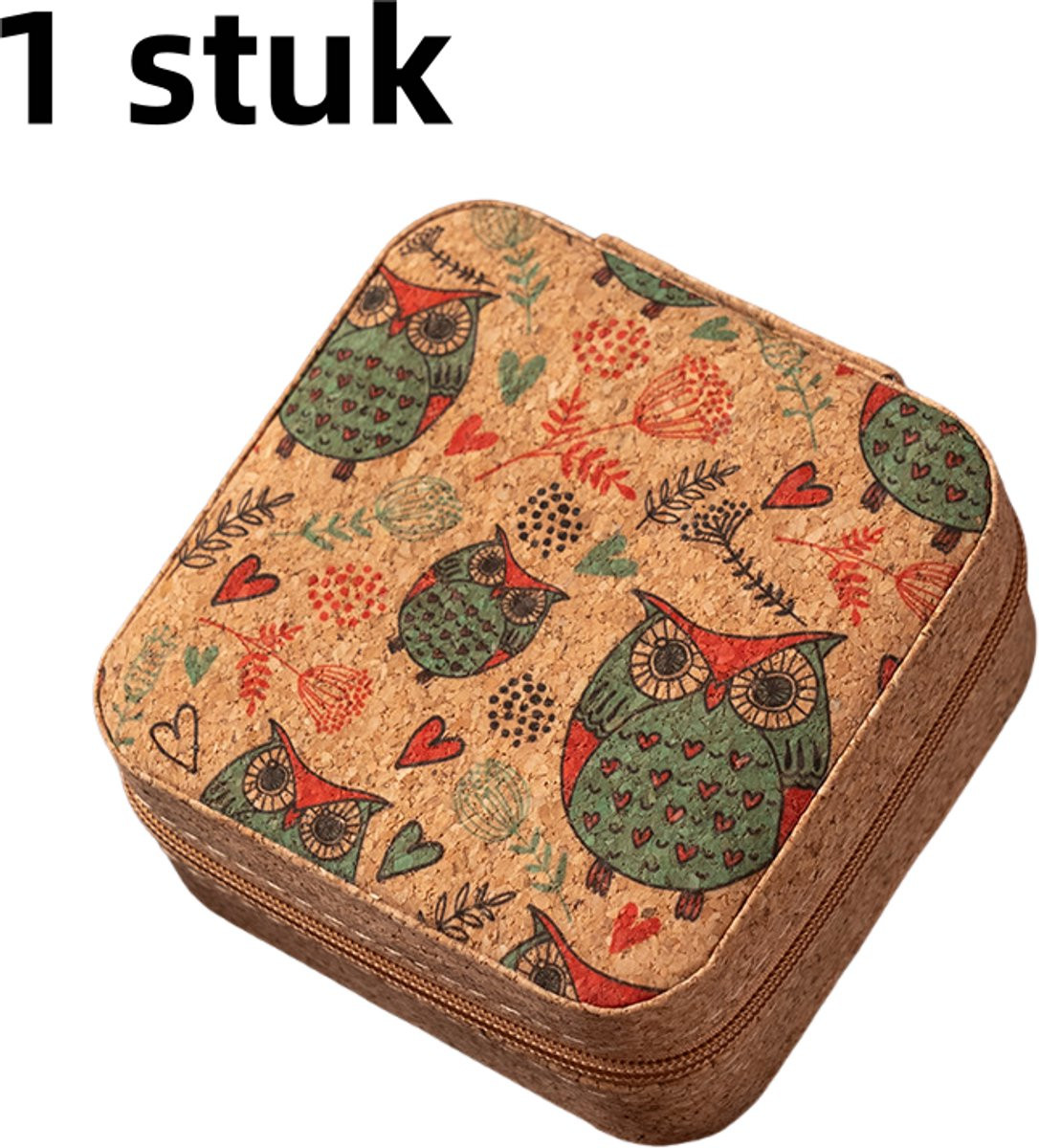 Vintage kurk draagbare sieradendoos met uilenpatroon - Bruin