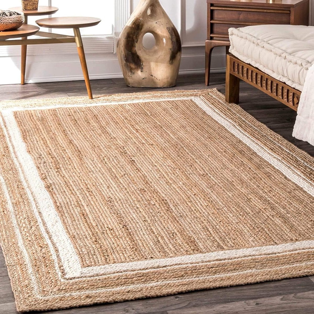 Handgeweven Boho Jute Tapijt - Rechthoekig - Beige & Wit