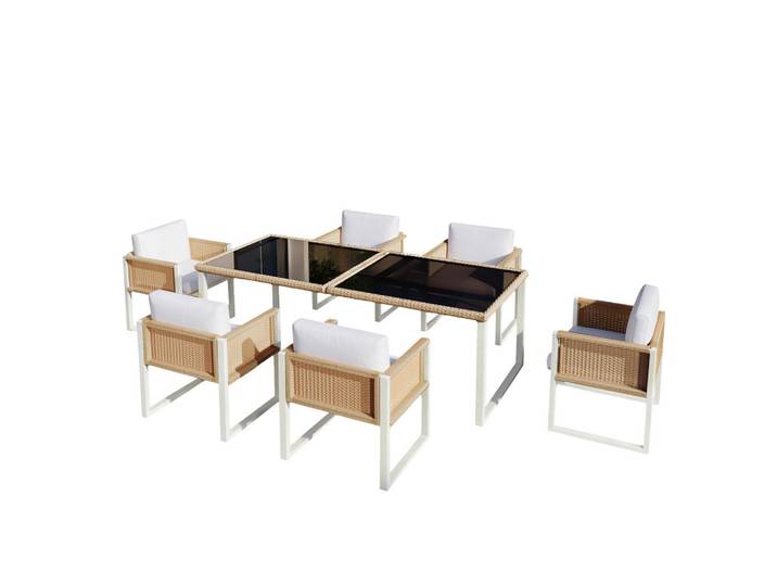 Flieks Gartenmöbelset Polyrattan 6 Personen Esstisch Stühle waschbar, Mehrfarbig, Gartenmöbel, Gartengarnituren, Gartenmöbel-Sets