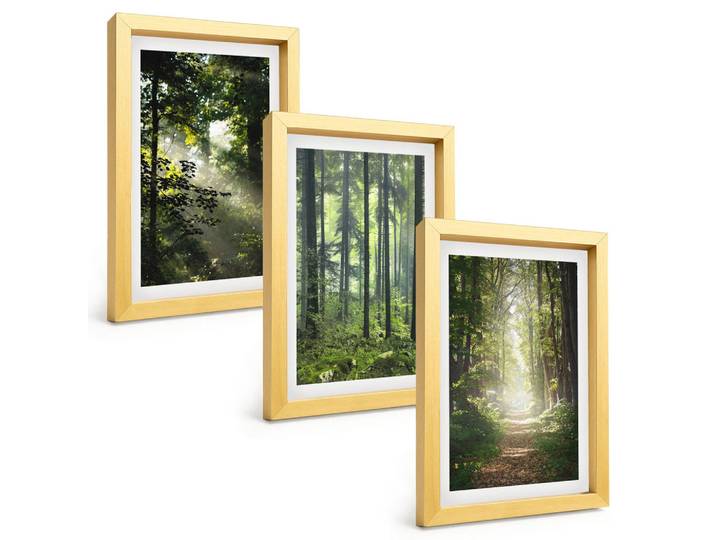 Tulup Bilder SET 3er Set - 20x30 cm Goldrahmen - Grüne Wälder mit Lichtstrahlen, Goldfarben, Kunststoff, Rechteckig, 20x30 cm, gerahmt, Bilder & Rahmen, Bilder