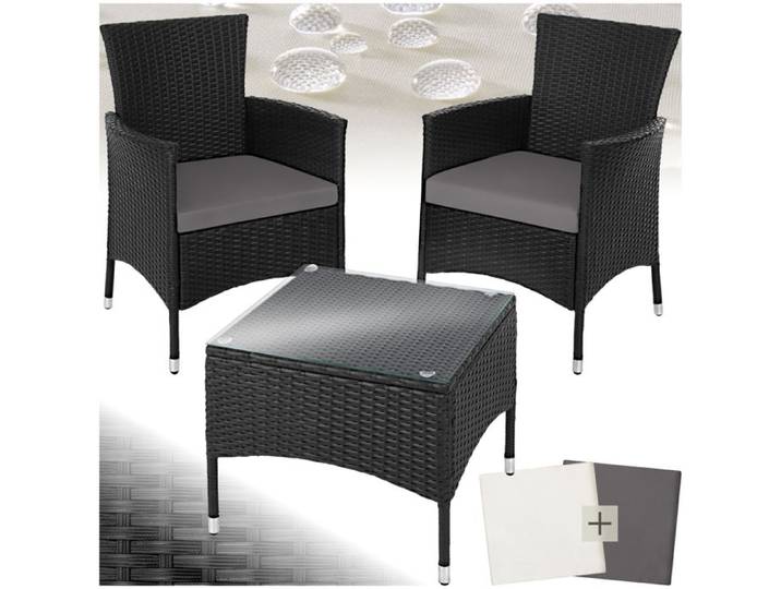 Salon de jardin - TECTAKE - Ensemble détente d'extérieur LUCERNE pour 2 personnes avec table et 2 sets de housses - Noir