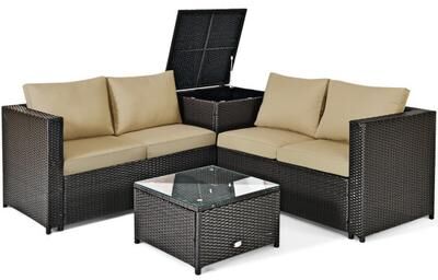 Costway 4 Pieces Outdoor Patio Rattan Furniture Set with Cushioned Loveseat and Storage Box-Brown
