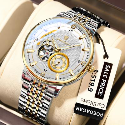 Trendy Discount Goods POEDAGAR Luxury Man Wristwatch, Hollow Tourbillon Stainless Steel Watch, Automatic Mechanical Luminous Men Reloj gold White