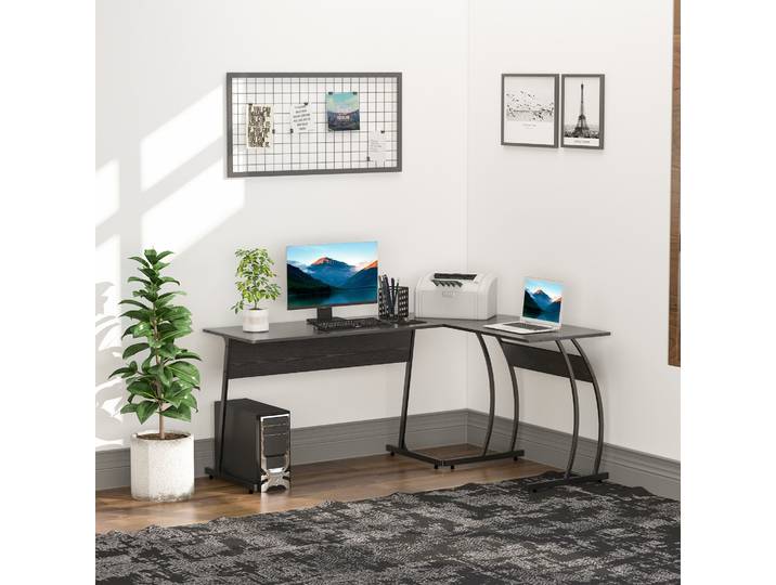 HOMCOM Bureau Informatique multimédia Bureau d'angle Design Contemporain métal Blanc Imitation Bois Noir