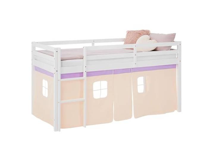 Homestyle4u Hochbett 90x200 cm Beige Kiefer Massivholz mit Vorhang & Leiter Robustes Kinderbett inkl. Lattenrost, Rausfallschutz & Spielhöhle - Naturholz-Bettrahmen für Mädchen & Jungen
