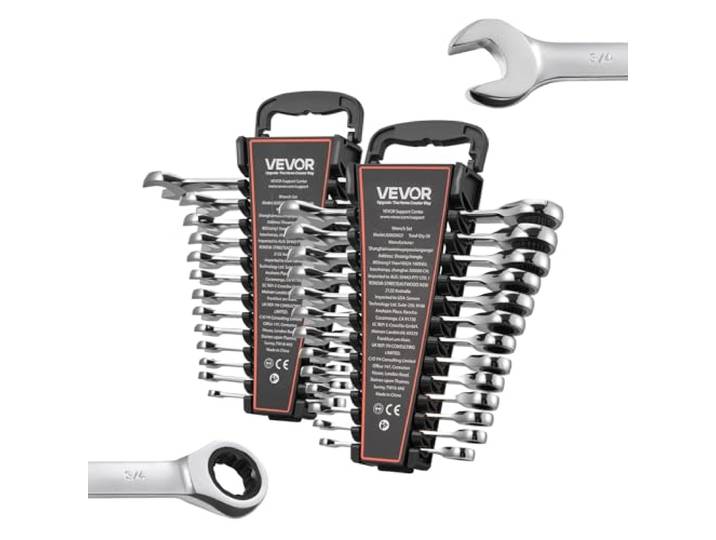 VEVOR Jeu de Clés Mixtes 26PCs\, Clé Plate à Cliquet SAE et Métriques\, pour Réparation Domestique et Auto\, Extrémité Fourche\, 72 Dents\, en Acier Cr-V\, Marquage Lisible\, avec Support de Rangement