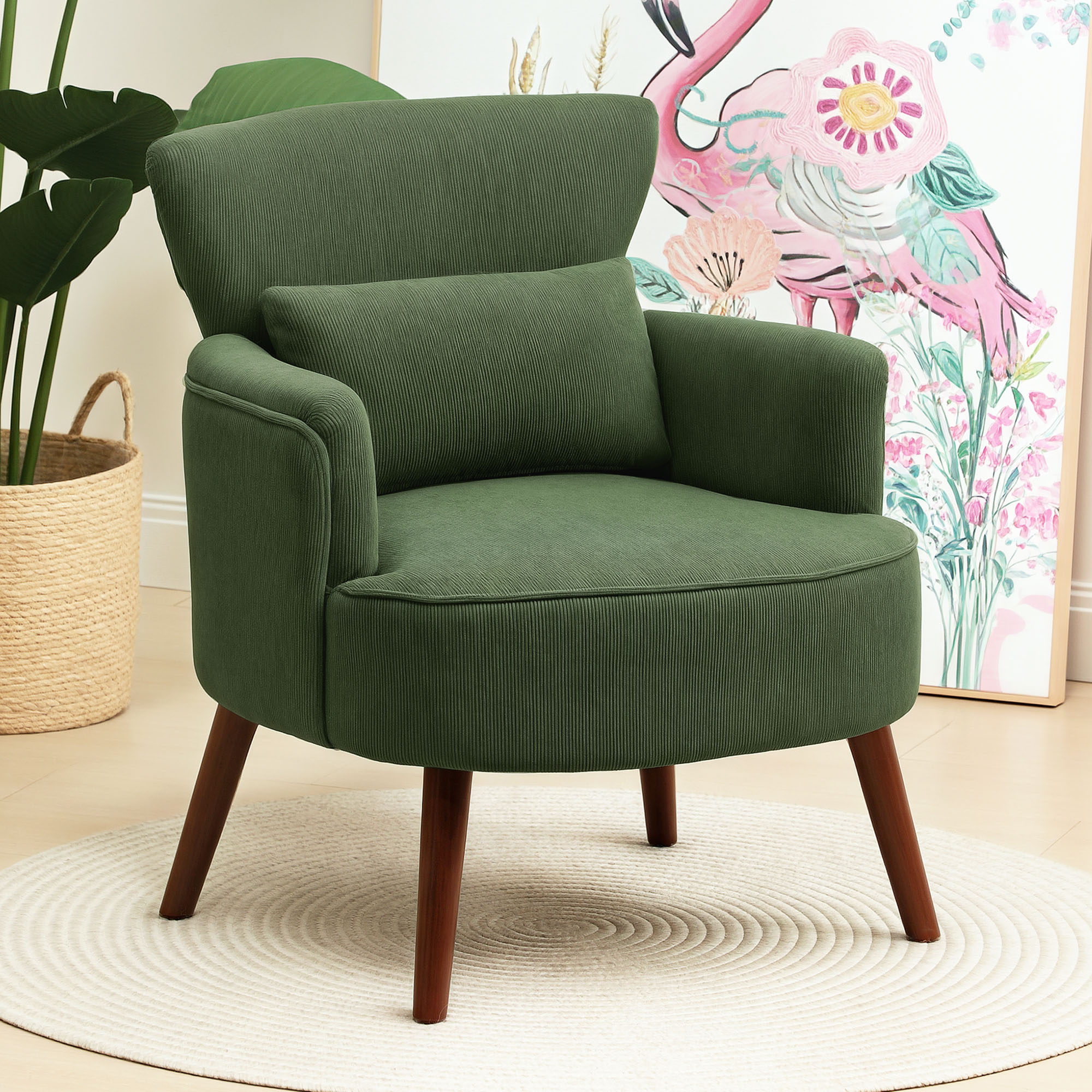Homcom Poltrona Moderna Imbottita in Velluto con Cuscino Lombare, Schienale e Gambe in Legno, Verde
