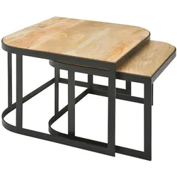 Massivholz Beistelltische `Timavo`: Industrielles Set, 60x40x60 cm & 50x35x50 cm, Mango-Massivholz, Eisen, abgerundete Ecken. Braun | Kadima Design