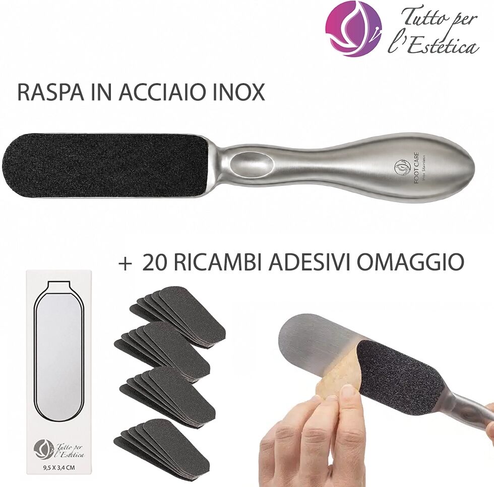 Tuttoperlestetica Raspa Pedicure Professionale in Acciaio Inox con 2 Facce Adesive Grana 150 e 180