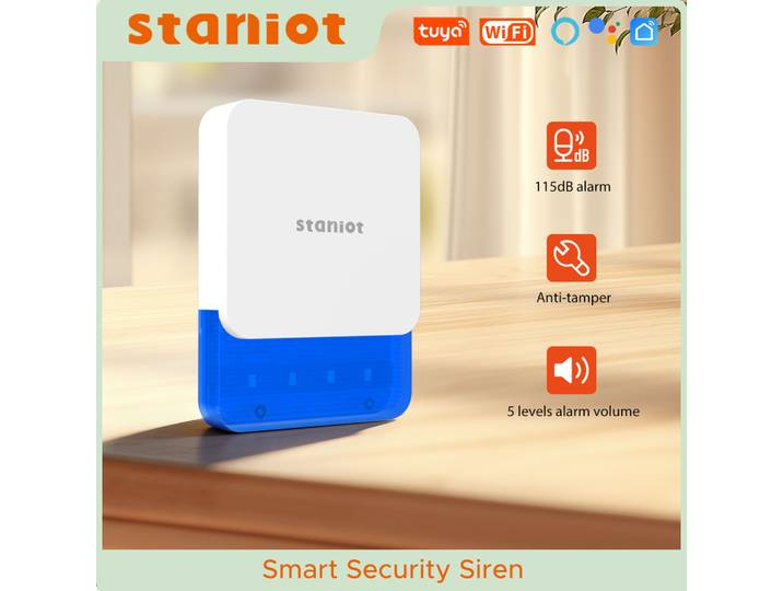 Sirène de sécurité intelligente WiFi Staniot, sirène d'alarme sans fil contre les cambriolages, sirène intérieure Tuya, protection de sécurité avec contrôle à distance par application