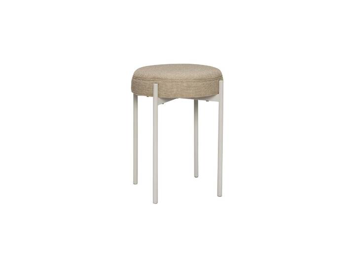 Tabouret en tissu gris sable, assise ronde rembourrée, 4 pieds mé