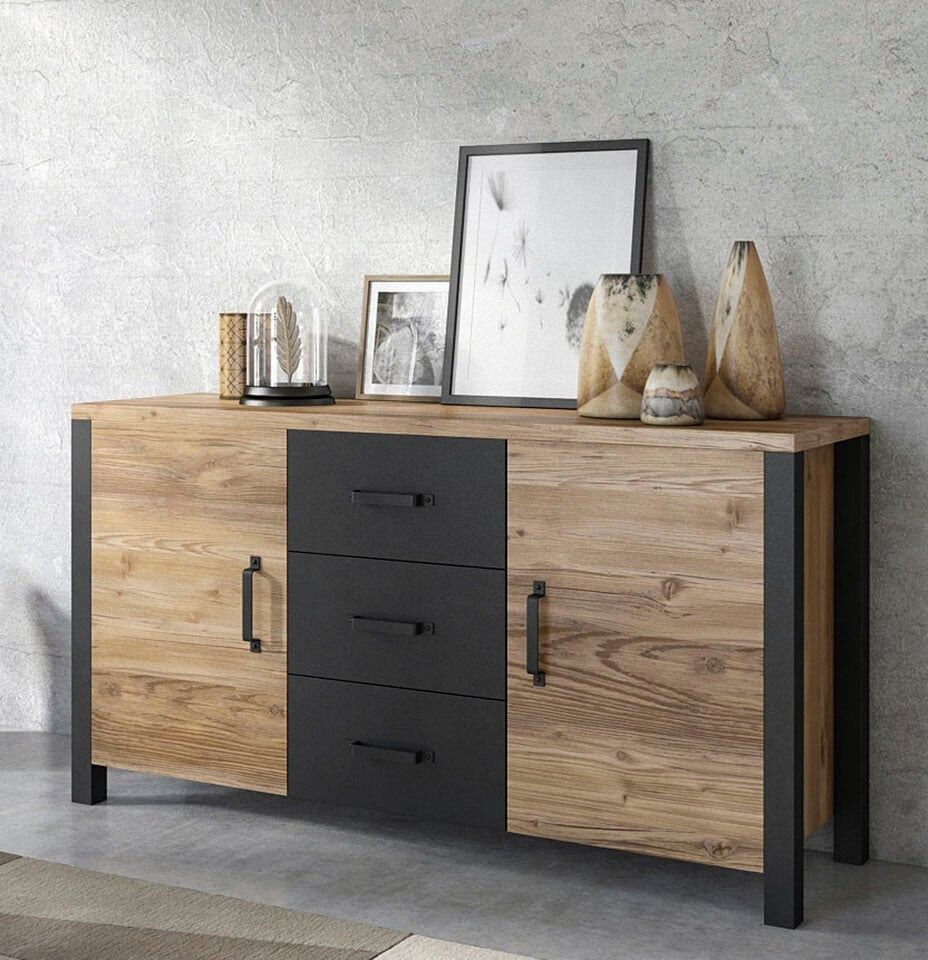 Sideboard HOME AFFAIRE "Olin WM", schwarz (appenzeller fichte, appenzeller fichte, schwarz supermatt), B:147cm H:79cm T:43cm, Sideboards, Sideboard appenzeller fichte, appenzeller fichte, schwarz supermatt B/H/T: 147cm x 79cm x 43cm, 3 Stk., 2 Stk.