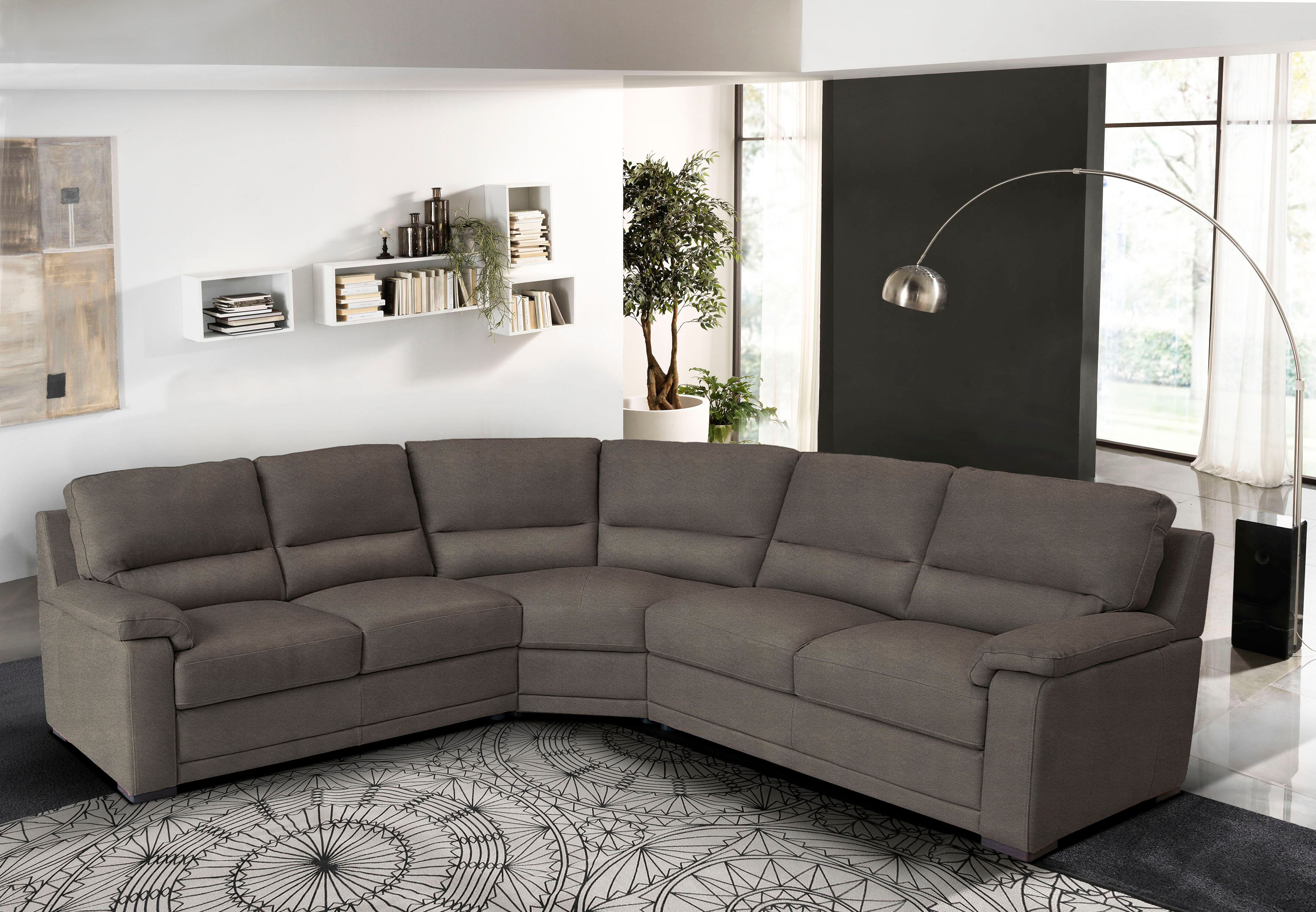 Ecksofa EGOITALIANO "Doris, modernes Designerecksofa in hochwertigen Microfaserqualitäten", grau (smoke), B:266cm H:90cm T:246cm, Luxus-Micofaser CASHMERE in Lederoptik (100% Polyester) ist ein neues technisches Gewebe mit einem visuellen und taktilen Asp
