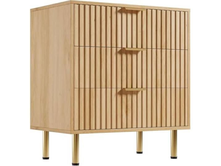 Thaookte Moderner 3-Schubladen-Kommode mit geriffelter Front, tiefen Schubladen & großer Ablagefläche – für Schlafzimmer, Kinderzimmer oder Flur – Farbe: Holzfarben