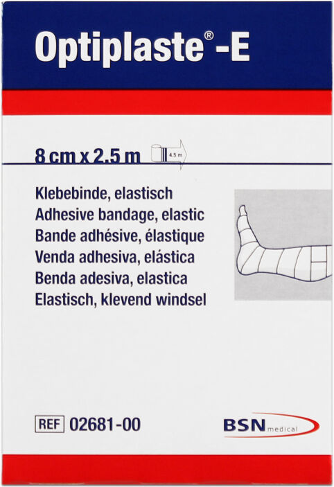 Optiplaste-E (ex-Elastoplast-E) 8 cm x 2,5 metros: Ligadura elástica adesiva de algodão e viscosa