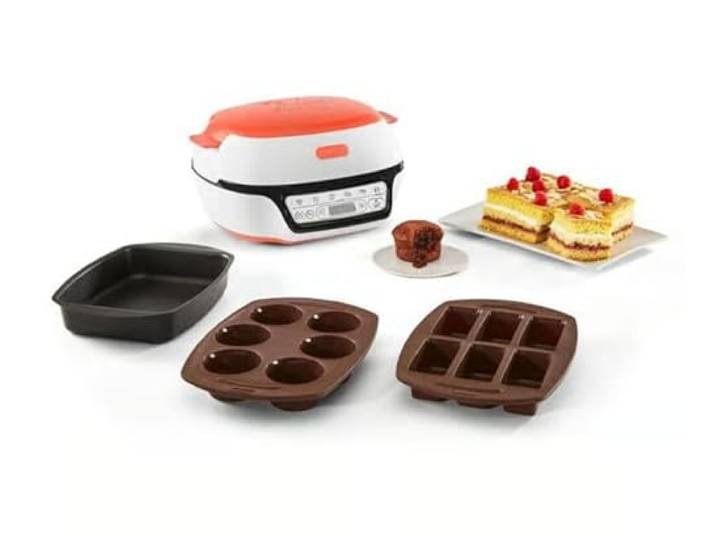 Tefal Cake Factory Tutti Frutti KD801510 – Küchenmaschine für Kuchen, 1100 W, 5 automatische Programme + manueller Modus, inklusive 3 Formen, weiß/korallenfarben, Kochen ohne Vorheizen