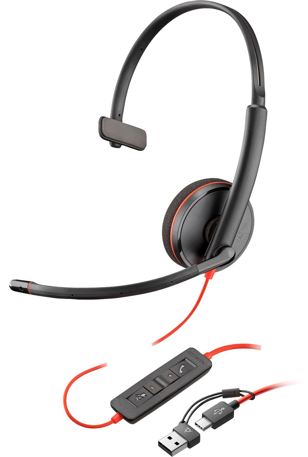HP Poly Blackwire 3210 Mono-hoofdtelefoon met USB-C en USB-C/A-adapter, Zwart