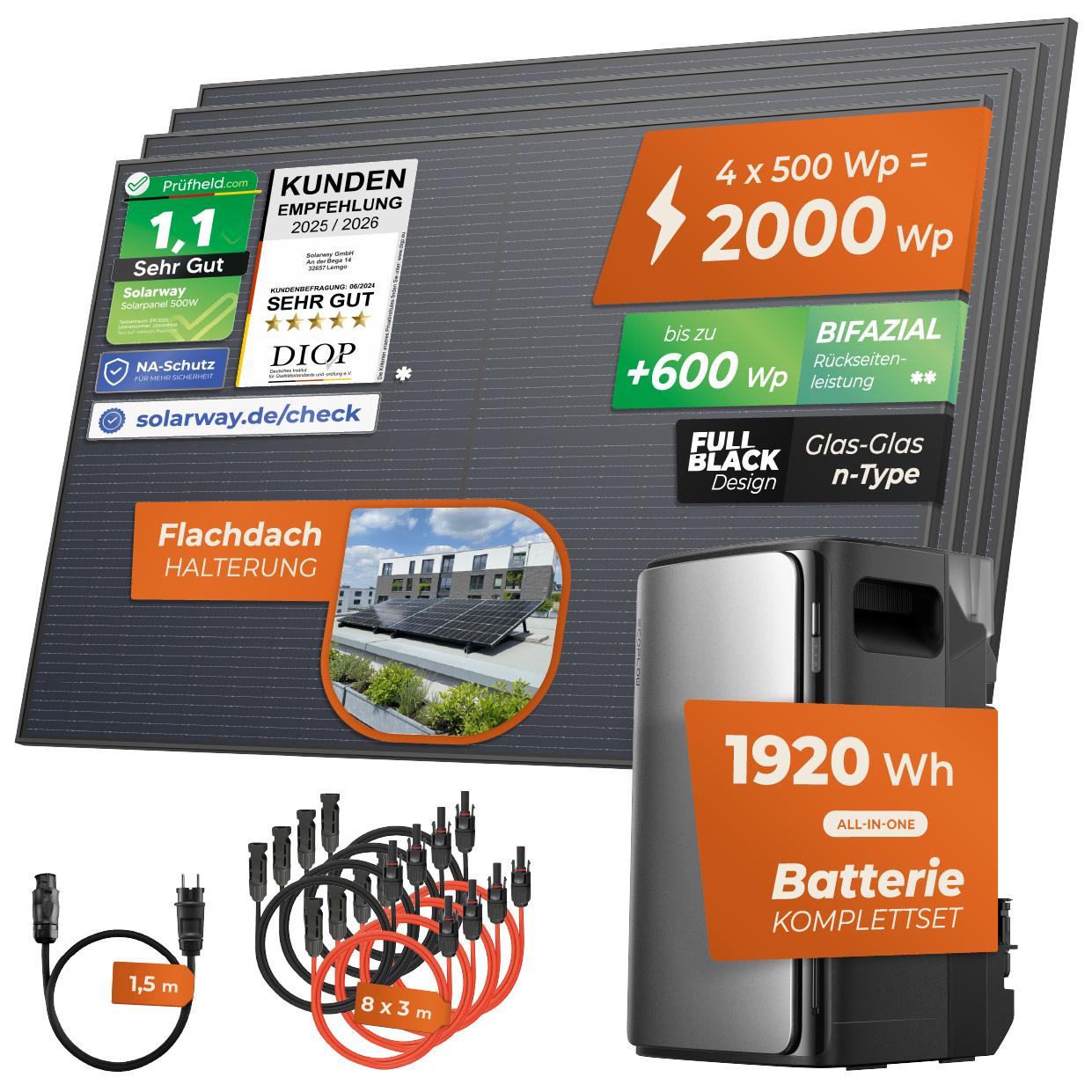 Solarway 2000Wp / 800W Balkonkraftwerk mit 1,92kWh Speicher komplett Steckdose - 1,92 kWh EcoFlow STREAM Ultra